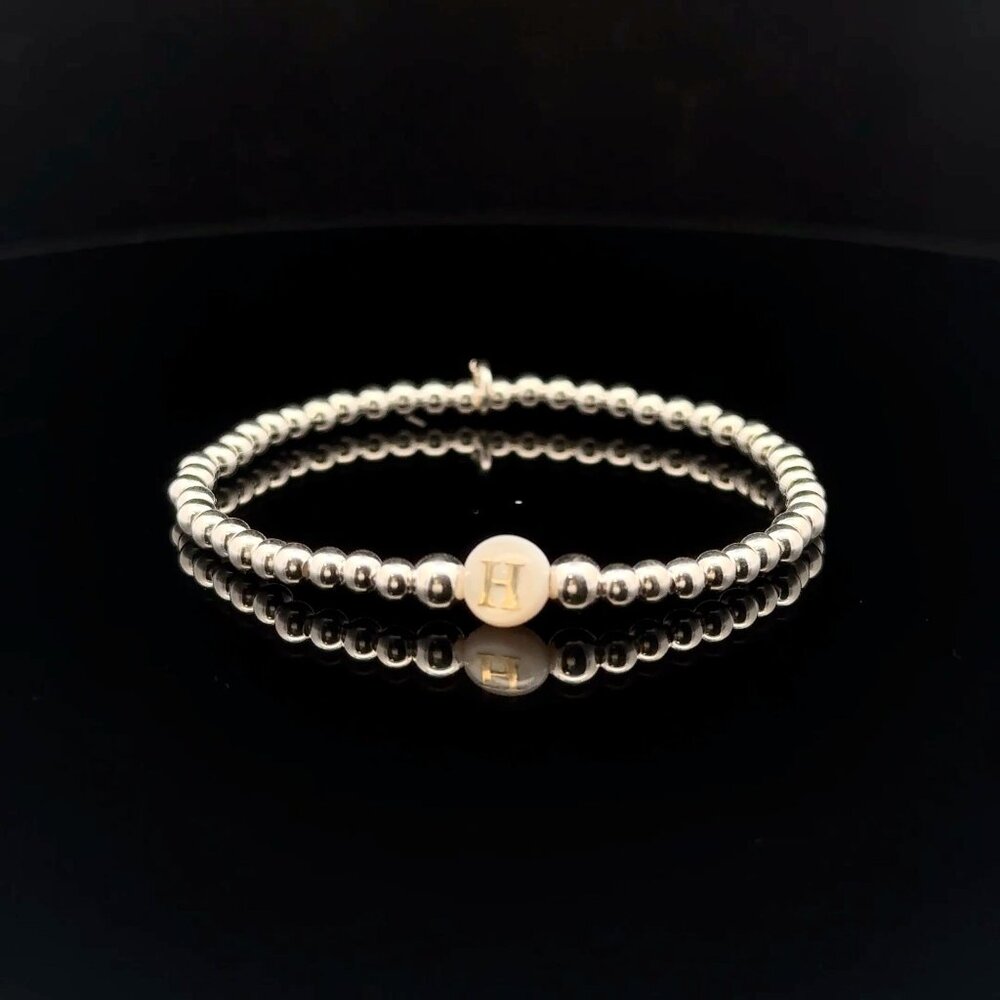 925 Sterling Silver Beaded Stretch Stacking Bracelet MOP Letter Initial H